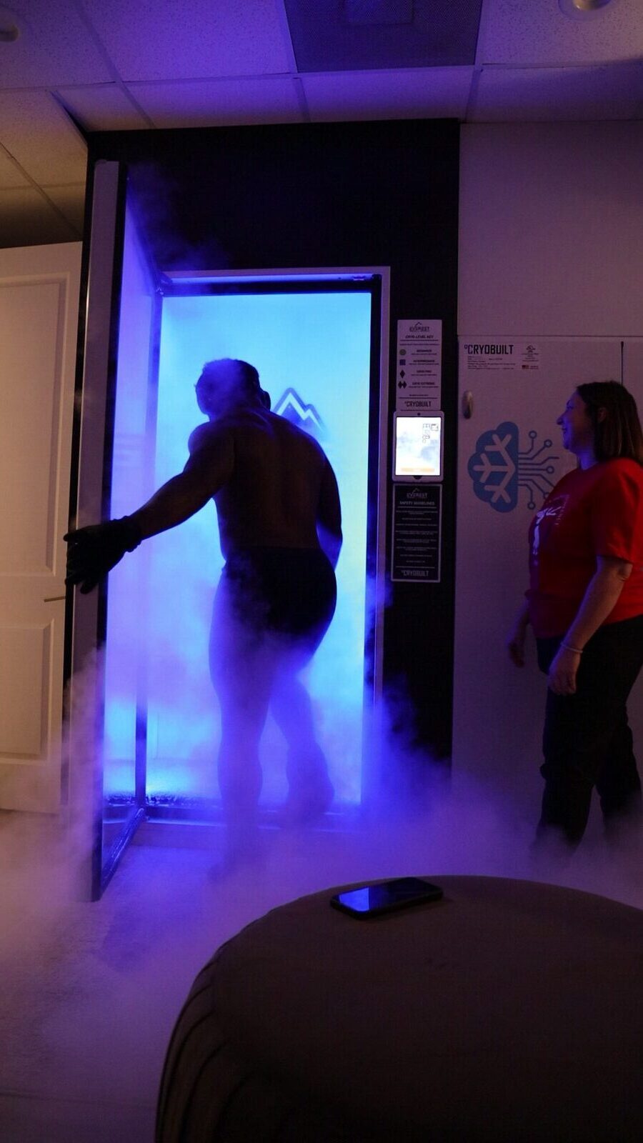 Overhead view of the whole-body cryotherapy chamber at Acadiana Pain & Performance Rehab
