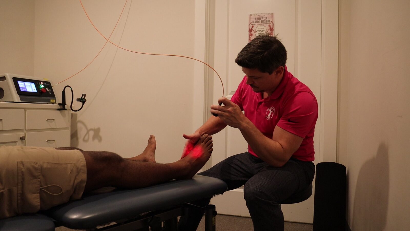 High-intensity laser therapy applied to a patient's foot